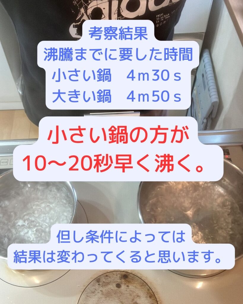 小さいお鍋の方が少しだけ早く沸く