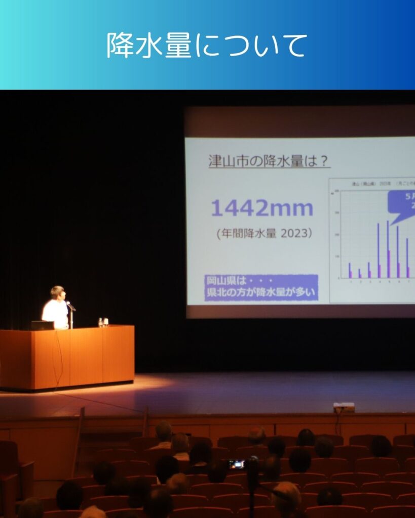 講演「水と生活」勝央町のサンサン学園の講師。岡山県津山市の雨水の年間降水量