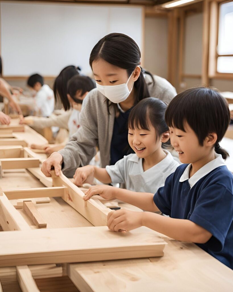 津山市内の学童保育(放課後児童クラブ)で親子木工教室を開催。親子制作活動。