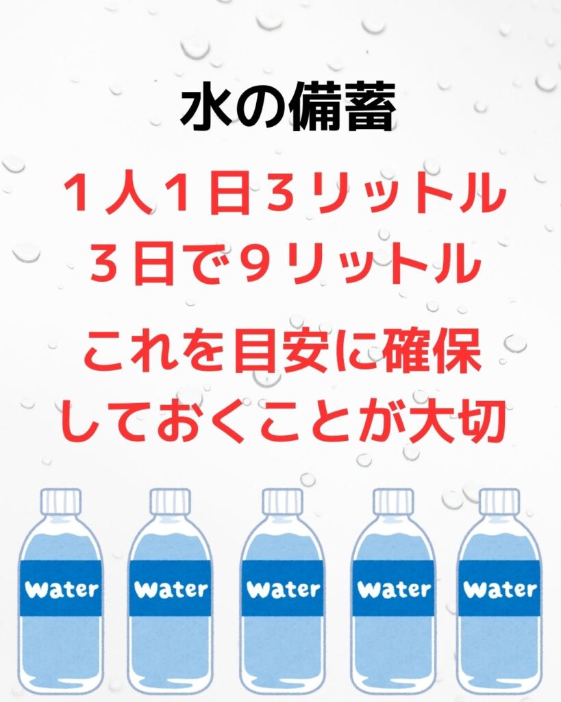 【8/1は水の日】。水の備蓄を考える。南海トラフなど巨大地震に備えて水や食料の確保が大切。１人１日３リットル。３日で９リットル。