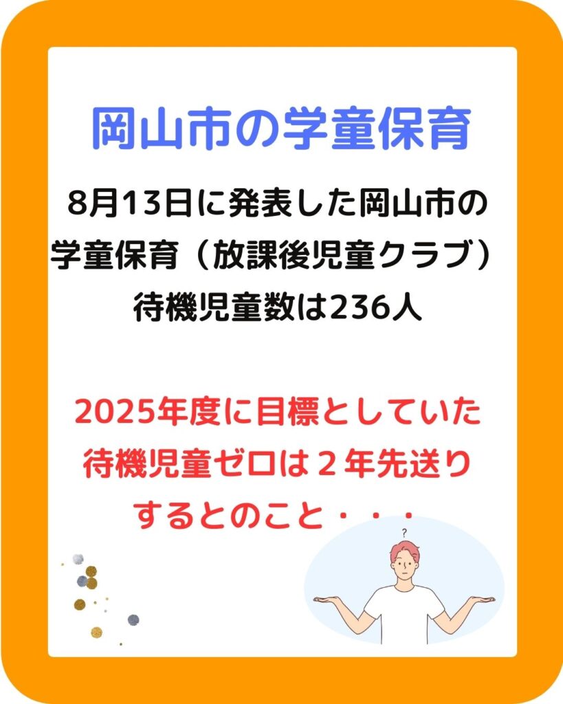 岡山市の学童保育の待機児童数は236人。2025年度に目標としていた多岐児童ゼロは2年先送り。放課後児童健全育成事業。放課後児童クラブ。4年生が最多。保護者が運営する学童保育は会長や会計などの役員が大変。