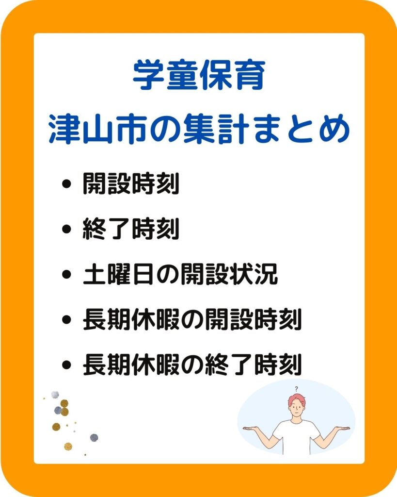 岡山県津山市の学童保育（児童クラブ）利用状況のまとめ。開設時刻・終了時刻・土曜日の開設状況。長期休暇の開設時刻・終了時刻。夏休み・冬休み・春休み。何時から何時まで子どもを預けられる。