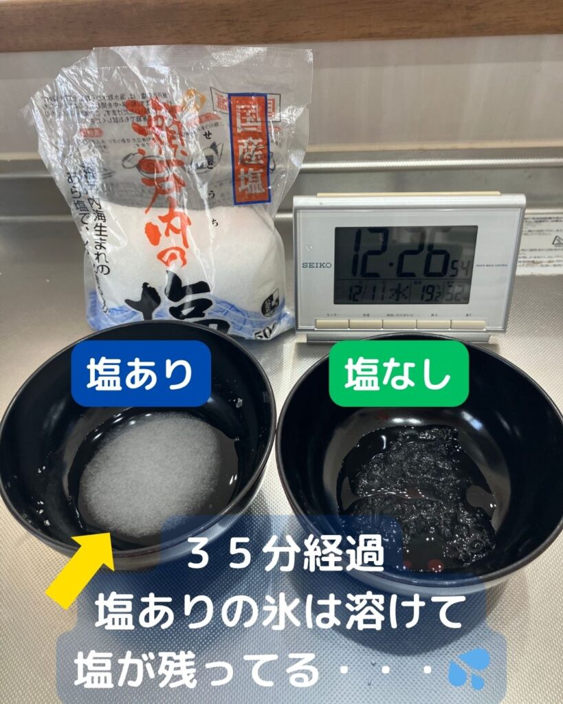 塩を使って氷を溶かす。氷に塩をかけるとどうなる？融解熱や凝固点降下。融雪剤や凍結防止剤の成分
