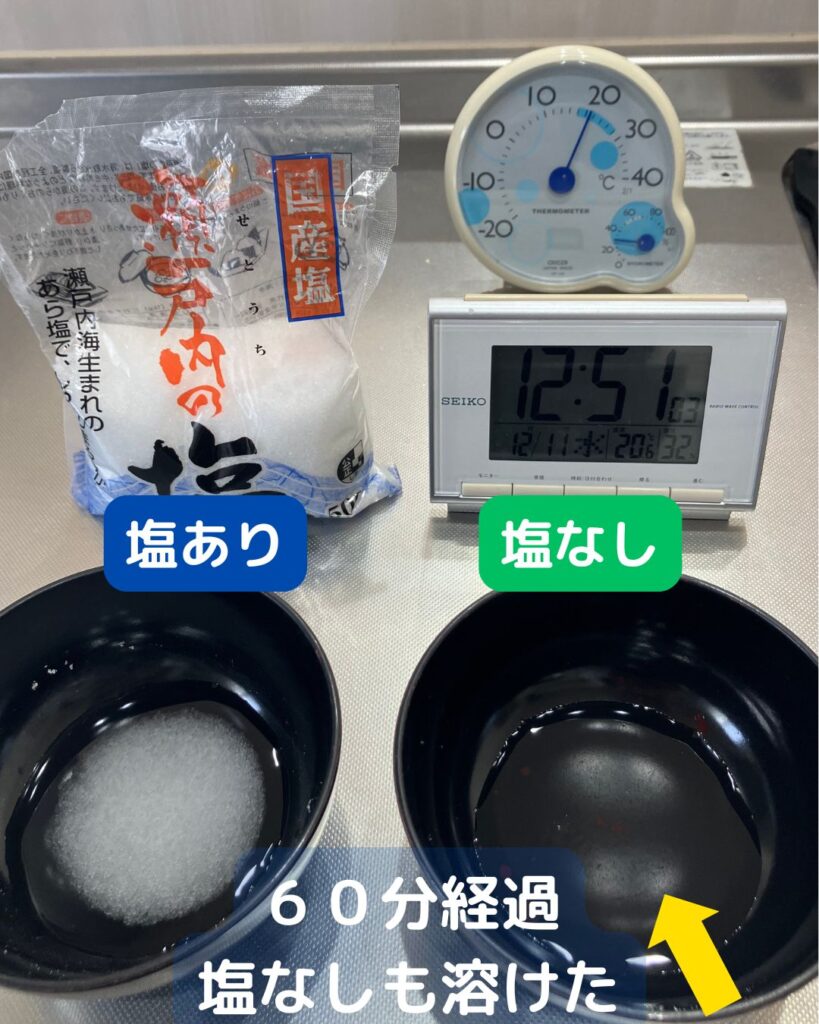 塩を使って氷を溶かす。氷に塩をかけるとどうなる？融解熱や凝固点降下。融雪剤や凍結防止剤の成分