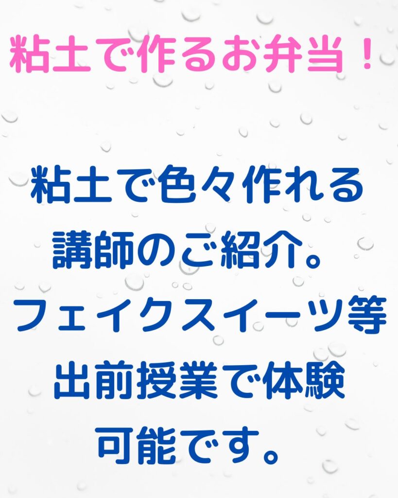 粘土で作ったお弁当!学童保育(放課後児童クラブ)や子ども会PTA公民館講座などに出前授業に伺います。今回は講師紹介。フェイクスイーツも人気。