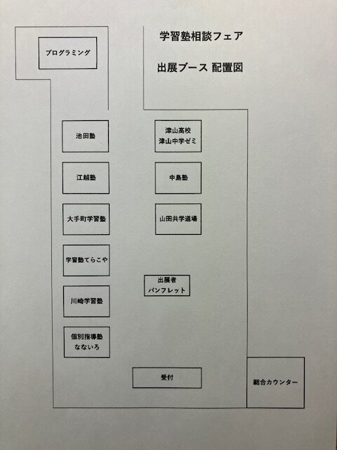 学習塾相談フェアの会場配置図。岡山県津山市。学習塾を選ぶのに悩んでいませんか。 