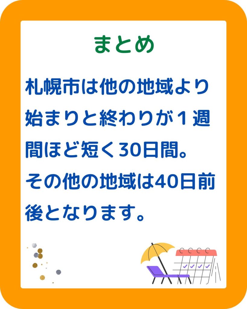 小学校の夏休みはいつからいつまで。北海道・東京・名古屋・大阪・香川・九州福岡の全国で比較。