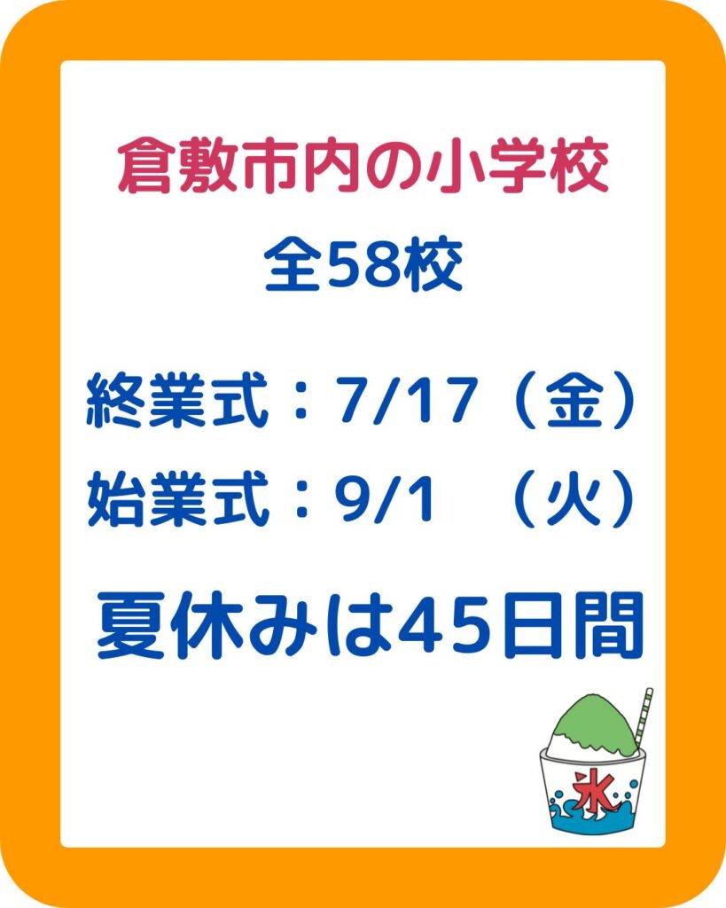岡山県内の公立学校・小学校・中学校の夏休みはいつからいつまで。始業式・終業式。児童クラブ・学童保育の過ごし方。