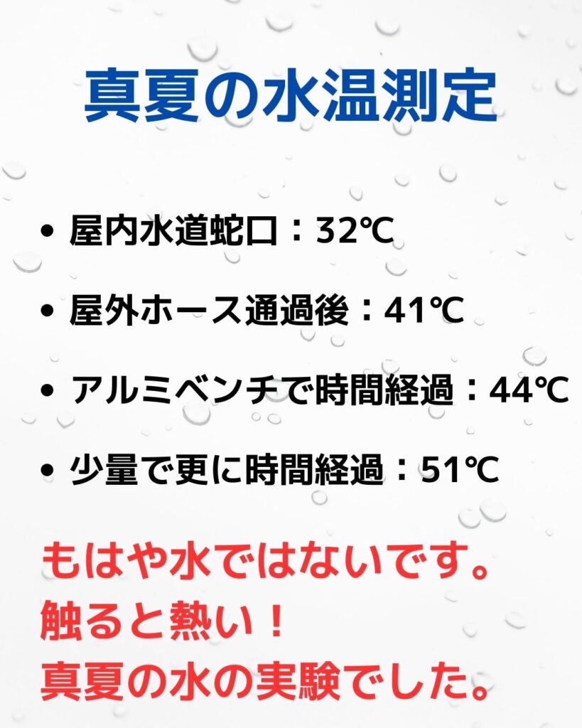 水温５０℃超！真夏の水道水の水温を測定。水の実験。小学生など子どもの自由研究の参考。水温測定。ホースの水は更に高温。