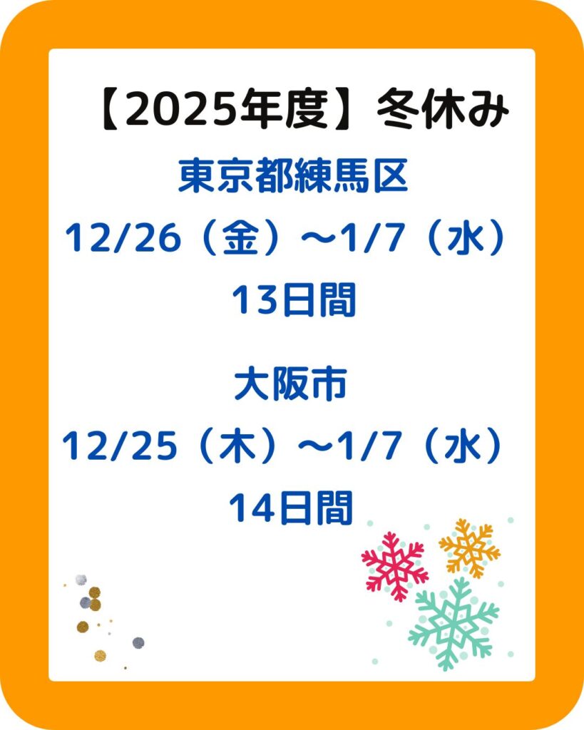 2025年度（令和７年度）全国の小学校の冬休み期間はいつからいつまで？北海道札幌市・東北仙台市・東京都練馬区・大阪府大阪市・九州は福岡県福岡市・沖縄県那覇市まで。北海道は冬休みが長い。出前授業やハンドメイドの販売。