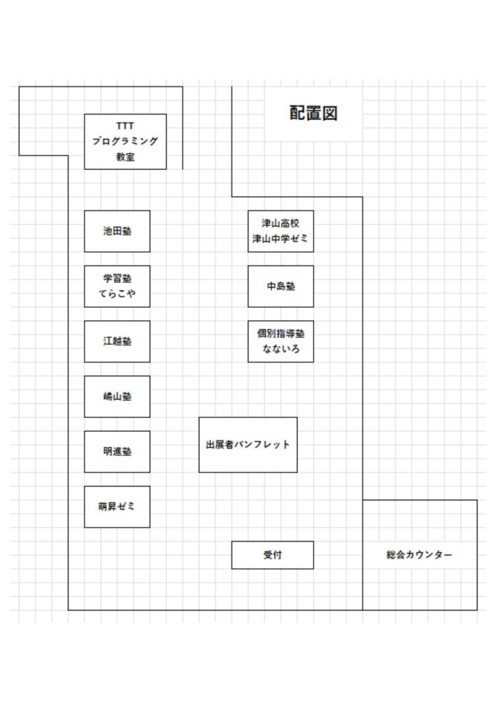 学習塾相談フェア2026。
津山市のアルネ津山で開催。あなたに合った塾が見つかる！どこの塾に行くか悩んでいる迷っている方向けのイベント。配置図